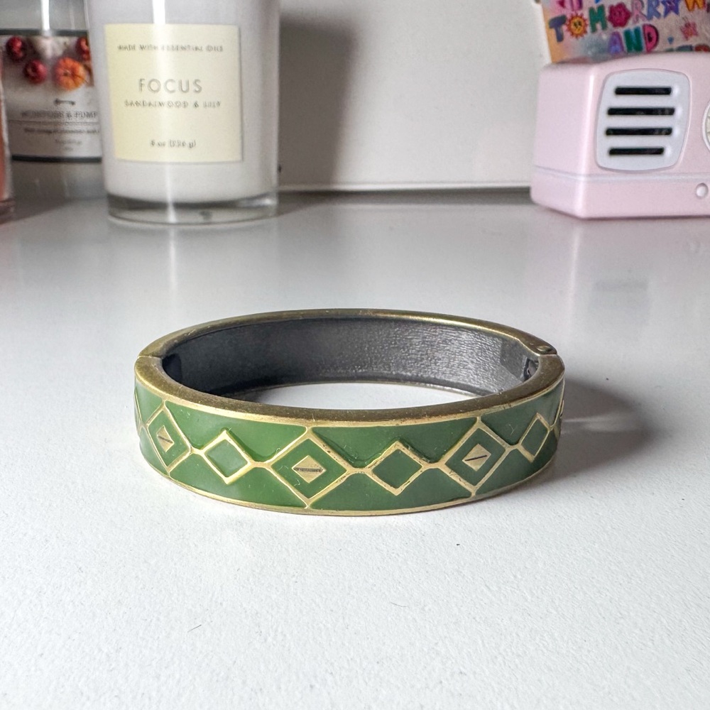 enamel bangle bracelet, opens for easy on and off, Green and gold